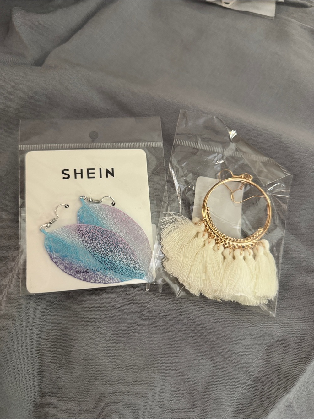 SHEIN Blue and Purple Leaf Drop Earrings with Cream Tassel Hoop 2 pair
